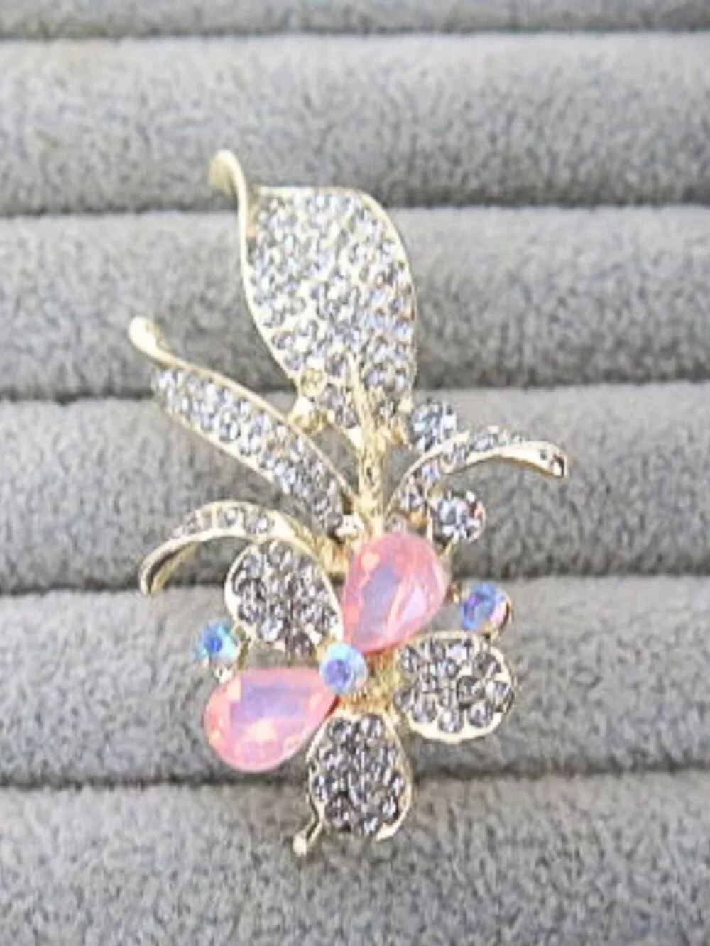 Gold Tone Pink Rhinestone Floral Leaf Statement Brooch Pin